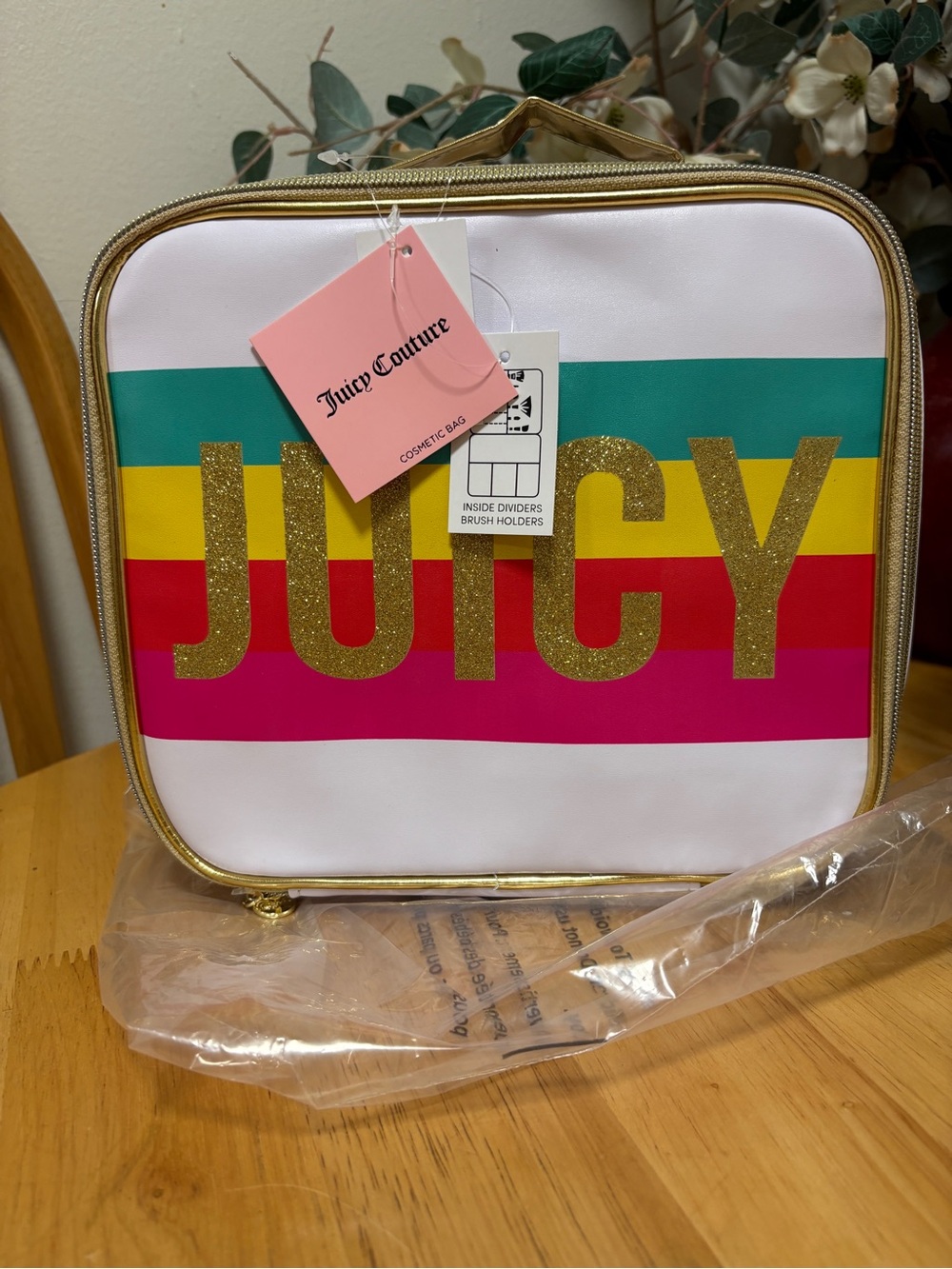 Juicy Couture White/Gold/Rainbow Stripe Cosmetic Bag, 8.5x3.4x9.5in, BNWT, New